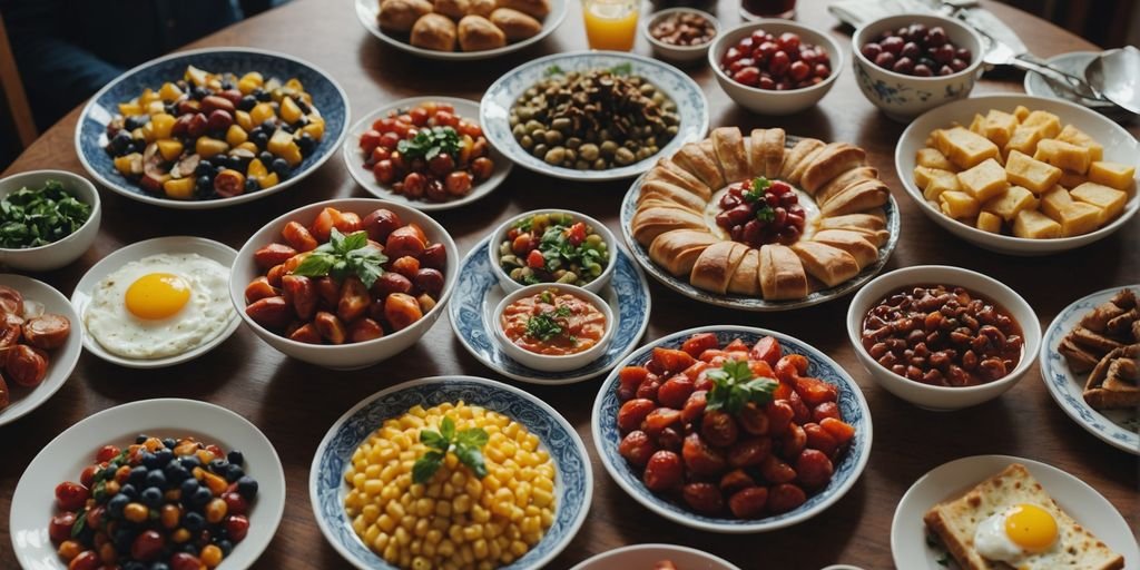 Traditional Turkish breakfast spread with various dishes on table.