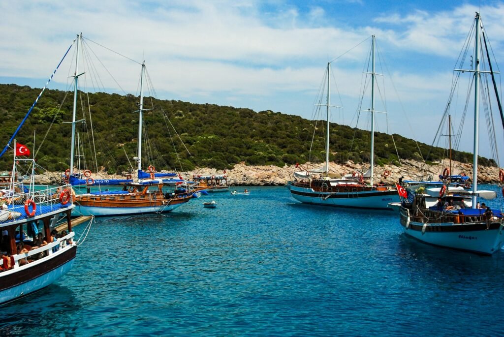 blue and white boat on sea near green mountain under blue sky during daytime