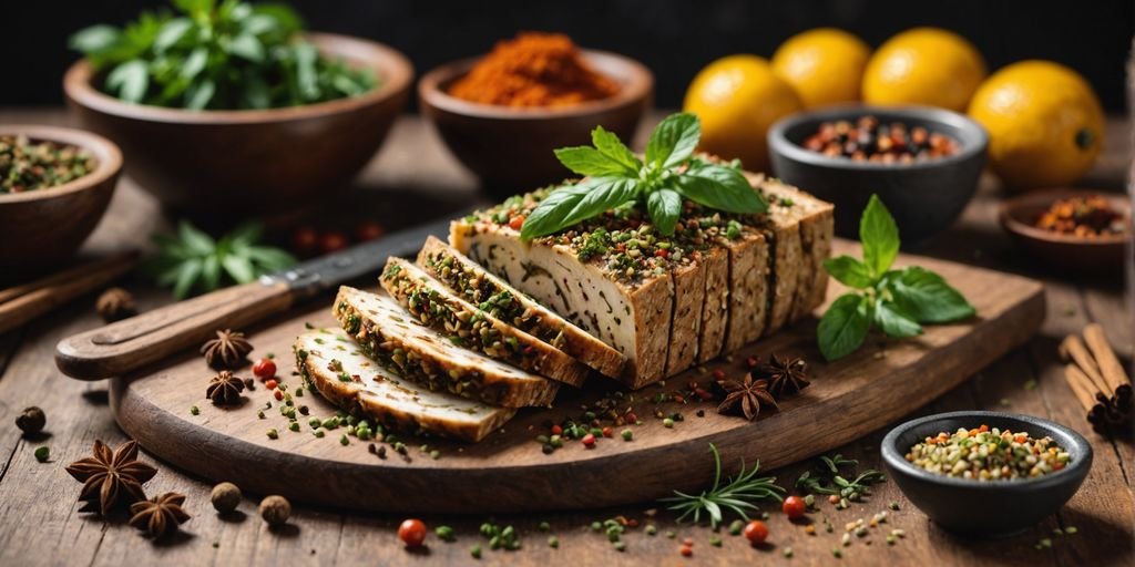 Thinly sliced pastırma with spices on a wooden board.