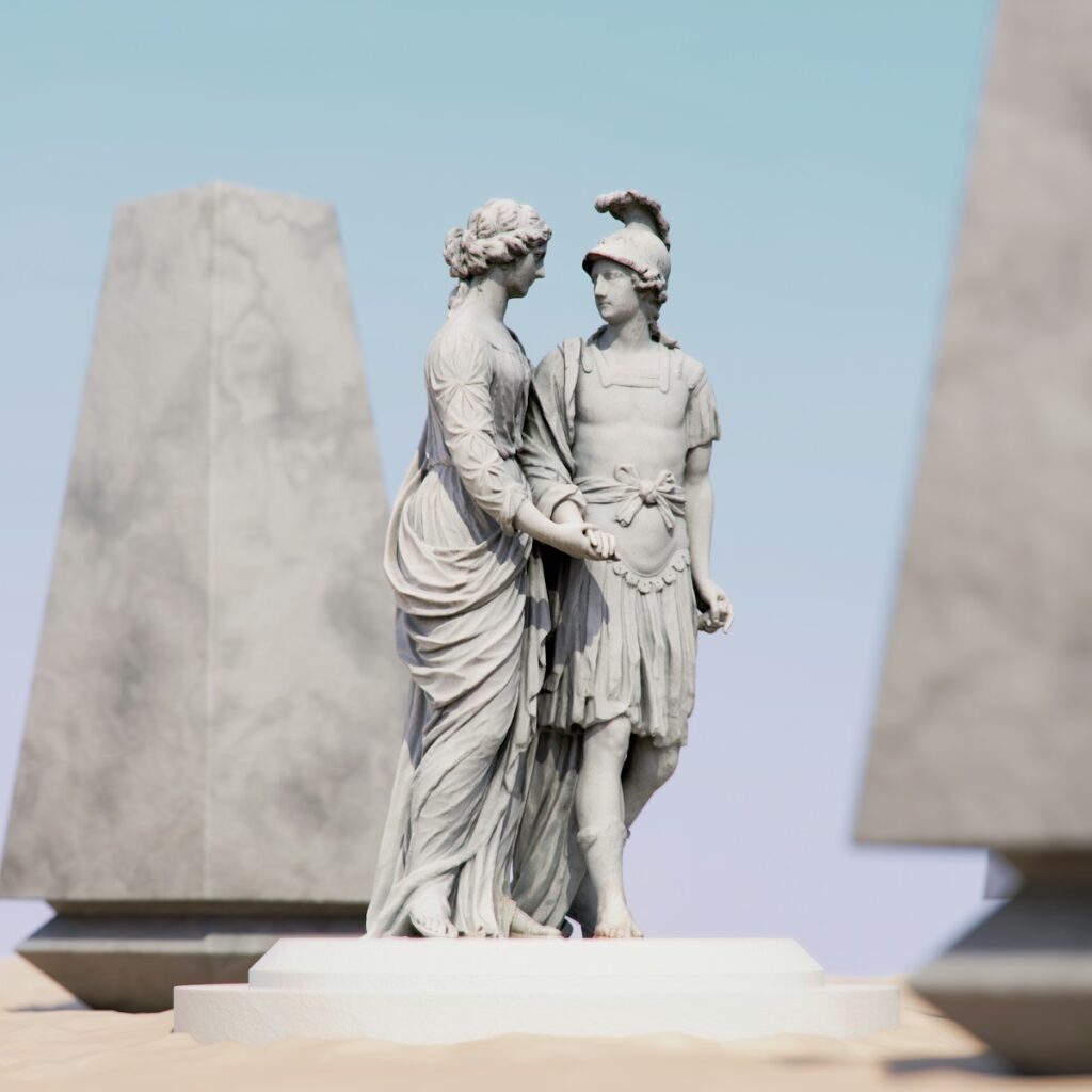 a statue of two people standing next to each other